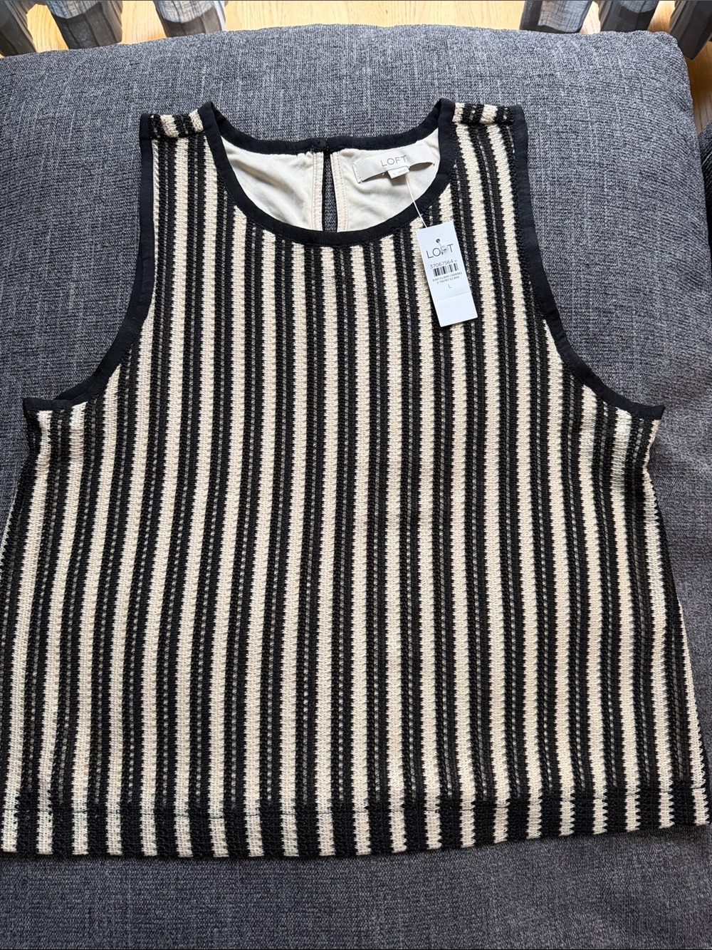 LOFT Black and Cream Striped Knit Crewneck Sleeveless Sweater